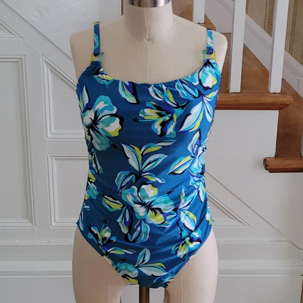 LA BLANCA Ocean Fiji Tropic One Piece Blue Bathing Suit Size 12 Brand New - Picture 2 of 10